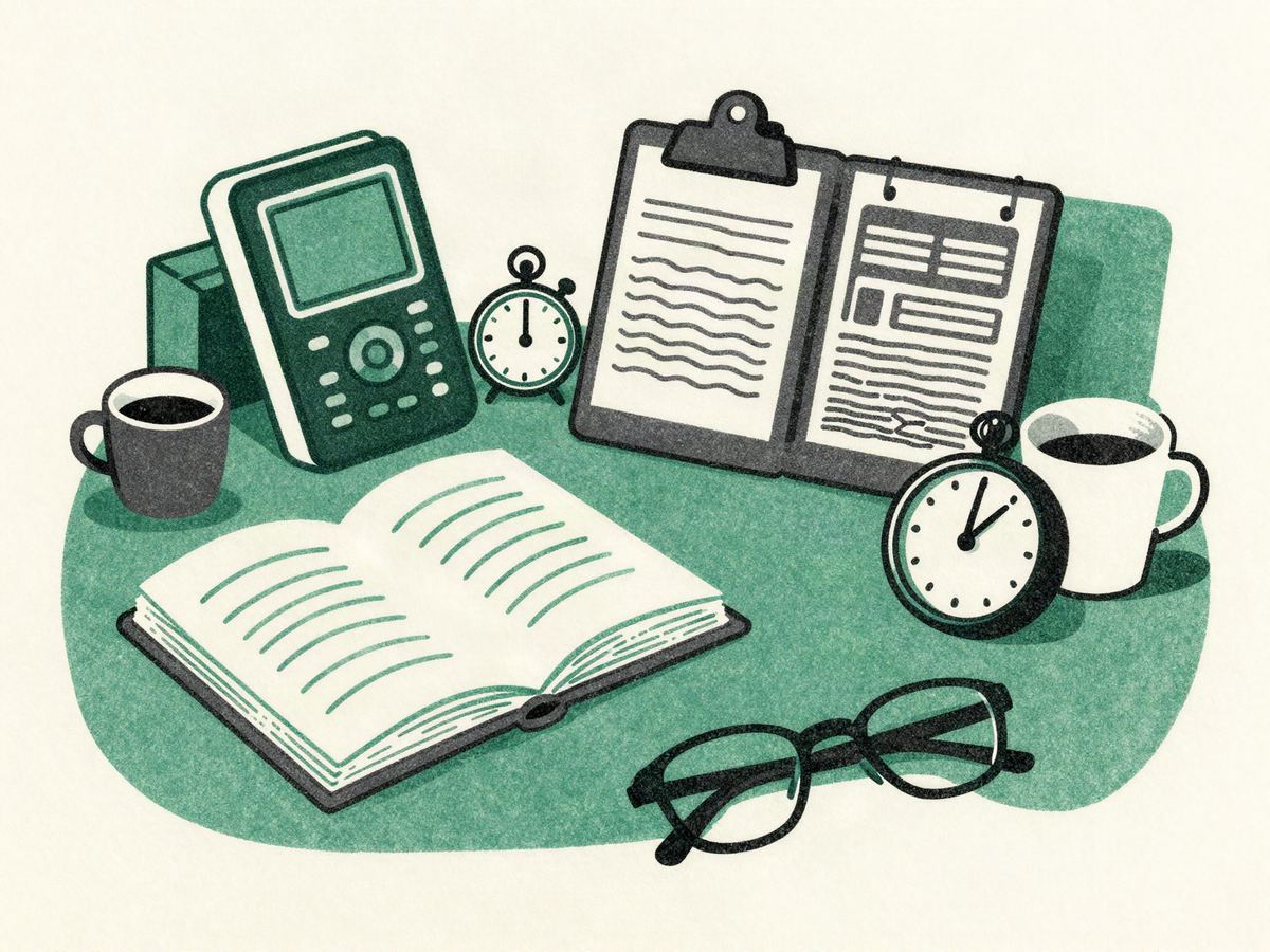 Illustration of an office day: an open notebook, a voice recorder, a clipboard, a stopwatch, coffee and reading glasses.